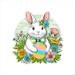 Easter bunny illustration with egg and flowers Posters and Art